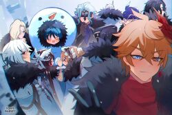  4girls 6+boys aiguillette arlecchino_(genshin_impact) artist_name ascot black_eyes black_hair black_mask blank_eyes blonde_hair blue_hair blunt_ends blush bonnet brown_hair choppy_bangs closed_eyes closed_mouth coat columbina_(genshin_impact) curtained_hair dottore_(genshin_impact) eye_mask facial_hair facing_another facing_away facing_to_the_side fatui_coat fur-trimmed_coat fur_trim genshin_impact grey_eyes grey_hair hair_ornament hair_over_one_eye hand_on_another's_chest hand_on_own_chin hat highres hug lapels long_hair looking_at_another looking_at_viewer mask multicolored_hair multiple_boys multiple_girls multiple_wings mustache open_mouth outdoors pantalone_(genshin_impact) pierro_(genshin_impact) pointy_nose pulcinella_(genshin_impact) purple_ascot purple_hat red_pupils round_eyewear sandrone_(genshin_impact) scaramouche_(genshin_impact) scaramouche_(harbinger)_(genshin_impact) semi-rimless_eyewear signora_(genshin_impact) smile snowing snowman_costume streaked_hair symbol-shaped_pupils tartaglia_(genshin_impact) toffy_narufy top_hat tsurime v very_long_hair violet_eyes white_bonnet white_coat white_eyes white_hair white_mask white_wings wing_hair_ornament wings wrist_bow wrist_wrap x-shaped_pupils 