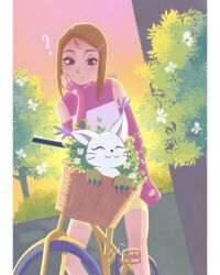  ? animal_hands bare_shoulders bicycle bicycle_basket brown_eyes brown_hair digimon digimon_(creature) digimon_adventure_02 elbow_gloves fingerless_gloves flower flower_basket gloves hair_ornament hairclip head_on_hand head_rest highres looking_at_another looking_down medium_hair midiatamente multicolored_shirt on_bicycle outdoors paw_gloves pink_gloves pink_shirt shirt shorts signature sleeveless sleeveless_shirt smile sunset tailmon tree two-tone_shirt whiskers white_flower white_shirt yagami_hikari yellow_shorts 
