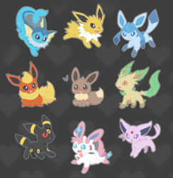  :3 black_eyes blue_eyes bright_pupils brown_eyes closed_mouth eevee espeon evolutionary_line fangs flareon glaceon grey_background heart highres jolteon leafeon pawpads pokemon pokemon_(creature) red_eyes running sitting sukey_four sylveon umbreon vaporeon violet_eyes white_pupils 