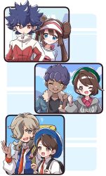 3boys 3girls aqua_eyes arven_(pokemon) black_shirt blue_background blue_eyes blue_hair blue_hat blue_jacket blue_vest border braid brown_eyes brown_hair cardigan collared_shirt commentary_request dark-skinned_male dark_skin donut_hair_bun double_bun dress fur-trimmed_jacket fur_trim gloria_(pokemon) green_hat grey_cardigan hair_bun hair_over_one_eye hat highres hop_(pokemon) hugh_(pokemon) jacket juliana_(pokemon) kino_haruc long_hair looking_at_another looking_at_viewer multicolored_hair multiple_boys multiple_girls necktie one_eye_closed open_clothes open_mouth open_vest orange_necktie pink_dress pokemon pokemon_black_2_and_white_2 pokemon_scarlet_and_violet pokemon_sword_and_shield purple_hair red_eyes red_jacket rosa_(pokemon) school_uniform shirt short_hair simple_background spiky_hair twintails two-tone_hair upper_body uva_academy_school_uniform vest visor_cap white_border white_shirt yellow_eyes zipper_pull_tab 
