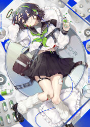  1girl absurdres bag bandaid bandaid_on_cheek bandaid_on_face bandaid_on_knee bandaid_on_leg bandaid_on_neck black_sailor_collar blister_pack blood blood_on_cheek blood_on_face blue_eyes bottle brown_hair brown_shoes brown_skirt cd cd_case chinese_commentary commentary_request dot_nose eyelashes frilled_pillow frills gauze gauze_on_leg green_neckerchief hair_between_eyes halo headphones highres holding holding_bottle leg_warmers loafers long_sleeves looking_at_viewer lying moriyama_meiko multicolored_halo neckerchief o-ring on_back parted_lips pill pillow pleated_skirt sailor_collar school_uniform shirt shoes short_hair sidelocks skirt solo student_self-governance_committee thigh_strap two-tone_halo ui_(moriyama_meiko) white_leg_warmers white_shirt 