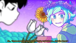  2boys antenna_hair basil_(headspace)_(omori) basil_(omori) black_eyes black_hair blue_overalls blurry blurry_foreground closed_mouth colored_skin commentary english_commentary english_text flower flower_pot flower_wreath green_eyes green_hair green_shirt head_wreath highres male_focus multiple_boys omori omori_(omori) osulan overalls plant potted_plant shirt short_hair sidelocks t-shirt tulip white_flower white_skin white_tulip 