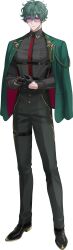  1boy belt black_gloves black_pants black_shirt black_shoes brooch chest_belt full_body gem gloves gold_trim green_hair green_jacket half_gloves highres jacket jacket_on_shoulders jewelry koujisako lapels long_sleeves looking_at_viewer male_focus necktie official_art pants red_eyes red_gem red_necktie shirt shoes short_hair slit_pupils snake_brooch strange_eden sunglasses thigh_belt thigh_strap two-sided_fabric two-sided_jacket yao_(strange_eden) 