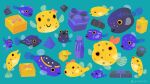 animal animal_focus artist_name black_eyes blue_background blue_bow bow box boxfish closed_eyes closed_mouth fins fish gift gift_box heart no_humans open_mouth original pikaole pink_bow simple_background smile spots tail_fin too_many watermark yellow_eyes 