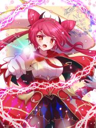  1girl blush commentary_request dominus_purge dominusteer_rosepamela double_bun duel_monster gloves hair_bun highres long_hair looking_at_viewer momobesaeka open_mouth pantyhose pointing red_eyes red_hair shorts solo thorns twintails white_gloves yu-gi-oh! 