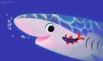 animal animal_focus artist_name blue_background bubble caustics closed_mouth fins green_eyes looking_at_another no_humans open_mouth original pikaole shark simple_background smile tail_fin teeth underwater water watermark yellow_eyes 