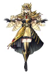 1girl absurdres armor armored_dress belt black_armor black_boots black_dress black_gloves black_thighhighs blonde_hair blue_eyes blue_gem boots closed_mouth colored_eyelashes commentary_request dress drill_hair eidenjyou1997 facial_mark full_body gem genderswap genderswap_(mtf) gloves gold_armor gold_thighhighs green_gem highres kamen_rider kamen_rider_gotchard_(series) kamen_rider_legend knee_boots legendriver long_hair looking_at_viewer multicolored_armor multicolored_thighhighs open_hands outstretched_arms red_gem rider-tan rider_belt ringlets short_dress simple_background solo sparkle sparkling_aura spread_arms standing thigh-highs tiara under-elbow_gloves very_long_hair white_background