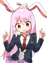  1girl animal_ears animal_on_head animal_on_shoulder black_jacket blazer blush collared_shirt commentary_request crescent crescent_pin highres jacket long_sleeves necktie on_head open_mouth pink_hair pink_skirt pleated_skirt rabbit rabbit_ears rabbit_girl red_eyes red_necktie reisen_udongein_inaba shirt simple_background skirt solo sweat touhou white_background white_shirt youseishun 