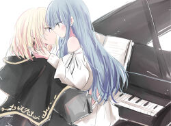  2girls 55ddee aver_(yumenokessho) bang_dream! bang_dream!_it's_mygo!!!!! black_capelet blonde_hair blush capelet doloris_(bang_dream!) dress instrument long_sleeves medium_hair misumi_uika multiple_girls piano sidelocks simple_background sitting sitting_on_lap sitting_on_person togawa_sakiko violet_eyes white_background white_dress yellow_eyes yumenokessho yuri 