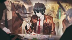  1girl 2boys 6+others armband black_eyes black_hair bowl brown_coat chopsticks coat collared_shirt food_request game_asset highres holding holding_chopsticks lce_(identity)_(project_moon) limbus_company messy_hair multiple_boys multiple_others nai_ga necktie official_art project_moon prosthesis prosthetic_arm red_necktie shirt short_hair solo_focus sword tassel tray weapon white_shirt yi_sang_(project_moon) 