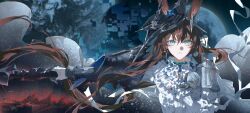  1girl 1other ambiguous_gender amiya_(arknights) amiya_(guard)_(arknights) amiya_(guard)_(in_a_myriad_of_universes)_(arknights) animal_ears aqua_eyes arknights armor bib_collar breasts brown_hair commentary couter digital_dissolve doctor_(arknights) dress earrings floating_hair full_moon gauntlets hand_on_own_chest highres holding holding_sword holding_weapon hood hood_up hooded_coat jewelry long_sidelocks moon multiple_rings pauldrons ponytail rabbit_ears rabbit_girl rerebrace ring shoulder_armor sidelocks single_earring single_gauntlet single_pauldron small_breasts straight-on sword tilted_headwear upper_body weapon white_dress you_yeyou0904 
