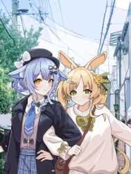  2girls absurdres animal_ear_fluff animal_ears bag black_coat black_hat blonde_hair blue_hair blue_necktie blue_skirt blush bow braid braided_hair_rings closed_mouth coat collared_shirt commentary_request cowboy_shot day deerstalker dot_nose ears_down flower flower_hairclip green_bow green_eyes grey_sweater hair_bow hair_flower hair_ornament hair_rings hat high-waist_skirt highres locked_arms long_hair long_sleeves looking_at_viewer mahou_shoujo_no_majo_saiban multiple_girls necktie open_clothes open_coat orange_eyes outdoors parted_bangs plaid_clothes plaid_skirt pleated_skirt power_lines rabbit_ears rabbit_girl ribbed_sleeves ribbed_trim shirt shoulder_bag skirt smile sweater tachibana_sherry tono_hanna tree twintails utility_pole white_shirt white_sweater yellow_flower yuri zhanshi_mei_xiangdao 