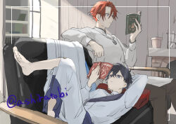  2boys a_shiratobi abel_(mizuzokusei_no_mahoutsukai) barefoot black_hair book closed_mouth commentary_request crossed_legs hair_between_eyes highres holding holding_book indoors leaning_on_person long_sleeves lying male_focus mizuzokusei_no_mahoutsukai multiple_boys on_back pants reading red_hair robe ryou_(mizuzokusei_no_mahoutsukai) shirt short_hair sitting twitter_username white_robe 