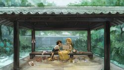  2girls absurdres baby_animal bird black_hair blonde_hair blue_eyes blue_shorts chicken commentary diva_(hyxpk) drawing_(action) dress duck duckling english_commentary grey_eyes hat highres long_hair multiple_girls on_bench origami original painting_(object) rain shirt short_hair shorts sitting socks teruterubouzu unworn_hat unworn_headwear unworn_socks white_shirt yellow_dress 