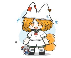  +++ 1girl :d anchor_symbol animal_ears animal_hat black_shoes blonde_hair character_doll commentary_request cosplay doll fake_animal_ears fang fox_ears fox_tail green_sailor_collar hat highres multiple_tails murasa_minamitsu murasa_minamitsu_(cosplay) neckerchief orange_eyes parted_bangs red_neckerchief sailor_collar shirt shoes short_eyebrows short_sleeves shorts smile socks solo standing tail thick_eyebrows touhou toutetsu_yuuma two_tails uni_souchou white_hat white_shirt white_shorts white_socks yakumo_ran 