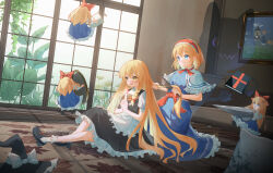  5girls absurdres alice_margatroid anger_vein angry apron black_hat black_shoes black_skirt black_vest blonde_hair blue_dress blue_eyes book bow braid brushing_another's_hair brushing_hair capelet chinese_commentary closed_mouth comb commentary_request dress frilled_hairband frilled_skirt frills gan_cao_xuan_mi_su grimoire grimoire_of_alice hair_bow hairband hat hat_bow highres holding holding_comb holding_mirror holding_polearm holding_weapon indoors kirisame_marisa lance long_hair magic magic_circle mirror missing_headwear multiple_girls open_mouth plant polearm red_bow red_hairband red_sash sash shanghai_doll shoes side_braid single_braid sitting skirt smile socks sweatdrop theft touhou unworn_headwear vest waist_apron waist_sash weapon white_apron white_bow white_capelet white_socks window witch_hat yellow_eyes 