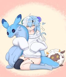  1girl :3 =_= ahoge alien ander_man aquwa asymmetrical_legwear bare_shoulders black_thighhighs blue_eyes blue_hair blue_thighhighs blush braid button_eyes buttons character_doll chillet closed_eyes closed_mouth commentary doll dress english_commentary eyelashes fake_horns hair_between_eyes hair_ornament hairclip heart highres holding holding_doll holding_stuffed_toy horns hugging_doll hugging_object indie_virtual_youtuber invisible_floor kneeling lambert leg_tattoo light_blush long_hair long_pointy_ears long_sleeves looking_at_viewer multicolored_hair multicolored_thighhighs on_floor orb pal_(creature) palworld pink_background pointy_ears purple_trim sheep shiny_clothes shiny_skin shiny_thighhighs single_braid smile solo_focus sphere_hair_ornament split-color_hair spoken_heart stitching stuffed_animal stuffed_sheep stuffed_toy sweater sweater_dress tattoo tendril tentacle_hair tentacles thick_thighs thigh-highs thigh_marking thighs toy two-tone_background two-tone_hair two-tone_thighhighs two_side_up virtual_youtuber wavy_mouth whiskers white_background white_dress white_hair white_sweater wool yellow_eyes yellow_horns 
