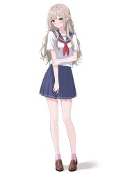  1girl blue_sailor_collar blue_skirt blush brown_eyes brown_hair brown_shoes commentary_request full_body hand_on_own_arm highres light_smile long_hair looking_at_viewer neckerchief original pink_socks pleated_skirt red_neckerchief sailor_collar school_uniform serafuku shirt shoes short_sleeves simple_background skirt socks solo standing white_background white_shirt yuzupimaru 