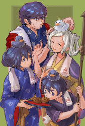  2boys 2girls absurdres alternate_costume bakanachos bath_yukata blue_eyes blue_hair blue_kimono blush brother_and_sister brown_eyes chrom_(fire_emblem) chrom_(revitalized_fate)_(fire_emblem) eating family father_and_child father_and_daughter father_and_son female_robin_(fire_emblem) female_robin_(onsen_tactician)_(fire_emblem) fire_emblem fire_emblem_awakening fire_emblem_heroes green_background hair_rings highres holding holding_tray husband_and_wife japanese_clothes kimono long_hair long_sleeves looking_at_another lucina_(fire_emblem) lucina_(hot-spring_scramble)_(fire_emblem) male_morgan_(fire_emblem) medium_hair mother_and_child mother_and_daughter mother_and_son multiple_boys multiple_girls notice_lines official_alternate_costume official_alternate_hairstyle parent_and_child purple_kimono rubber_duck siblings standing towel towel_around_neck tray white_hair yellow_kimono yukata 