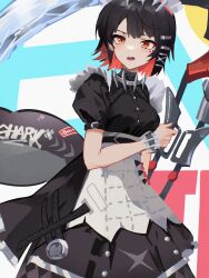  1girl apron black_dress black_hair blush colored_inner_hair commentary danraz0r dress ear_piercing ellen_joe eyelashes fins fish_tail hair_ornament hairclip highres holding holding_weapon maid mole mole_under_eye multicolored_hair multiple_moles multiple_moles_under_one_eye open_mouth orange_eyes piercing puffy_short_sleeves puffy_sleeves red_hair shark_girl shark_tail sharp_teeth short_sleeves solo tail teeth two-tone_hair weapon white_apron zenless_zone_zero 