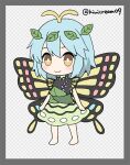  1girl antennae aqua_hair barefoot blush butterfly_wings chibi closed_mouth dress eternity_larva fairy full_body green_dress hair_between_eyes kiwicream09 leaf leaf_on_head multicolored_clothes multicolored_dress short_hair short_sleeves single_strap smile solo touhou twitter_username wings yellow_eyes 