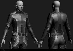  1boy 3d bald belt blender_(medium) bodysuit closed_mouth commentary company_logo copyright_logo copyright_name cowboy_shot dated english_commentary eve_online from_behind grey_background grey_belt greyscale gun handgun highres holster holstered lips logo long_sleeves marmoset_toolbag_(medium) maya_(medium) monochrome multiple_views nose official_art realistic science_fiction thigh_holster undoz weapon zbrush_(medium) 