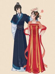  2girls absurdres anger_vein annoyed black_eyes black_hair blue_hanfu charathegay chinese_clothes chinese_hairpin commentary english_commentary frown hair_ornament hair_stick hand_on_own_hip hanfu highres huadian jing_wei_qing_shang multiple_girls nangong_jingnu qiyan_agula red_hanfu see-through_clothes see-through_sleeves smile spoken_anger_vein topknot xiao_guan_(headdress) yellow_eyes 