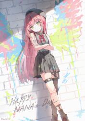  1girl absurdres against_wall bandaid bandaid_on_arm bare_arms beret black_hat black_skirt black_thighhighs blush brick_wall center_frills closed_mouth collared_shirt commentary_request crossed_arms dutch_angle english_text expressionless fake_wings feet_out_of_frame frilled_shirt frilled_shirt_collar frills green_eyes grey_shirt hair_ornament hairclip hanako_nana hat heart heart_o-ring highres korean_commentary long_hair miniskirt multiple_hairclips o-ring o-ring_thigh_strap paint pink_hair pleated_skirt shirt shirt_tucked_in single_thighhigh skirt sleeveless sleeveless_shirt solo standing stellive straight_hair thigh-highs thigh_strap twitter_username very_long_hair virtual_youtuber wings x_hair_ornament yw_marron 
