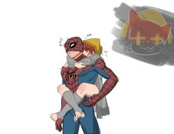  1boy 1girl absurdres bodysuit coat heart highres hood hoodie hug hug_from_behind jean_grey kala64713622 leg_lock marvel nuzzle peter_parker red_hair simple_background spider-man spider-man:_brand_new_day spider-man_(series) spider_web_print stirrup_footwear superhero_costume thighs x-men 