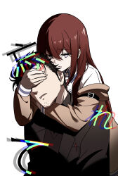  1girl absurdres beard_stubble black_hair black_jacket black_shirt breast_pocket bright_pupils brown_hair brown_jacket bukeshiyongzhenjun chinese_commentary collared_shirt commentary_request covered_eyes covering_another's_eyes crossed_bangs facial_hair grey_eyes hair_between_eyes highres jacket long_hair long_sleeves makise_kurisu object_in_pocket okabe_rintarou parted_lips pen pen_in_pocket pocket science_adventure shirt short_hair simple_background sleeve_belt solo steins;gate steins;gate_0 stubble translation_request upper_body very_short_hair white_background white_pupils white_shirt 