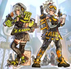  absurdres anby_demara black_thighhighs braid braided_sidelocks burger camouflage camouflage_pants commentary_request dress fingerless_gloves food gloves goggles green_jacket green_sleeves grey_hair grey_sleeves headphones highres holding holding_burger holding_food instant_cup_noodles instant_noodles jacket latex latex_pants mask orange-tinted_eyewear orange_eyes orange_pupils pants ponytail reomenka sidelocks single_braided_sidelock sleeveless sleeveless_jacket soldier_11_(zenless_zone_zero) thigh-highs tinted_eyewear yellow-tinted_eyewear zenless_zone_zero zipper_dress 