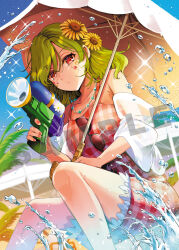  1girl alternate_costume azuma_aya commentary_request flower friend_characters green_hair hair_flower hair_ornament highres holding holding_umbrella holding_water_gun jewelry kazami_yuuka long_hair looking_at_viewer medium_hair necklace one-piece_swimsuit open_mouth outdoors plaid_one-piece_swimsuit red_eyes red_one-piece_swimsuit sample_watermark solo sunflower sunglasses swimsuit touhou umbrella water water_gun watermark white_umbrella yellow_flower 