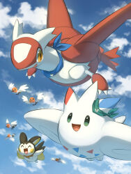  bandana bandana_around_neck bird blue_bandana claws closed_eyes clouds commentary_request day dragon emolga fletchling flying green_bandana latias makoto_ikemu no_humans open_mouth outdoors pokemon pokemon_(creature) pokemon_focus sky smile togekiss wings yellow_bandana yellow_eyes 