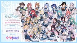  6+girls :d absurdres ahoge aizawa_ema amayui_moka animal_hat apron aqua_eyes aqua_hair asumi_sena bag belt binoculars bird black_belt black_collar black_hair black_nails blonde_hair blonde_streaks blue_apron blue_border blue_bow blue_eyes blue_hair blue_neckerchief blue_pants blue_ribbon blue_skirt blue_streaks blue_wrist_cuffs book border bow bow_hairband braid braided_ponytail breasts brown_eyes brown_hair cat_hat choker choya_hanabi collar colored_inner_hair colored_tips commentary company_name compass copyright_logo copyright_name copyright_notice dark-skinned_female dark_skin detached_sleeves double_bun ear_chain ear_piercing earrings eyewear_on_head fang fingerless_gloves flower frilled_choker frills ginjo_saine glass_bottle gloves gradient_hair green_eyes green_hair green_neckerchief grey_hair hair_bow hair_bun hair_flaps hair_flower hair_ornament hair_rings hairband hairclip hanabusa_lisa hand_on_own_hip hat hat_ribbon high-waist_pants highres holding holding_binoculars holding_book holding_swim_ring holding_unworn_clothes holding_unworn_hat holding_walkie-talkie holding_water_gun ichinose_uruha isaya_(pixiv4541633) jacket jacket_on_shoulders jewelry kaga_nazuna kaga_sumire kaminari_qpi kisaragi_ren_(vspo!) kogara_toto komori_met kurumi_noah lifebuoy linked_piercing logo long_hair looking_at_viewer midriff multicolored_hair multiple_girls nail_polish navel neck_ribbon neckerchief nekota_tsuna off-shoulder_shirt off_shoulder official_alternate_costume official_art one_eye_closed open_mouth orange_hair orange_neckerchief orange_streaks pants piercing pink_eyes pink_hair pink_neckerchief pink_streaks pom_pom_(clothes) pom_pom_hair_ornament pouch purple_bow purple_hair purple_neckerchief red_eyes red_hair red_neckerchief ribbon sailor sailor_collar sailor_hat salute sendo_yuuhi shinomiya_runa shiranami_ramune shirt shirt_tucked_in short_hair short_sleeves shoulder_bag skin_fang skirt smile spiked_ear_piercing streaked_hair striped_clothes striped_ribbon striped_shirt striped_skirt stud_earrings stuffed_toy sunglasses suspenders swim_ring tachibana_hinano tatsumaki_chise thigh_belt thigh_strap tied_shirt tosaki_mimi triangle_hair_ornament tsumugi_kokage twin_braids twintails two-tone_hair two_side_up unworn_hat unworn_headwear violet_eyes virtual_youtuber visor_cap vspo! walkie-talkie water_gun white_apron white_belt white_bow white_gloves white_hat white_jacket white_overskirt white_pants white_ribbon white_shirt white_streaks white_wrist_cuffs wrist_cuffs wristband yakumo_beni yano_kuromu yellow_bird yellow_eyes yellow_neckerchief yumeno_akari 