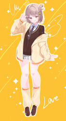  1girl absurdres brown_hair brown_necktie brown_shoes brown_sweater caorigasuru collared_shirt commentary_request constellation drawn_crown drawn_wings full_body gingham_clothes gingham_skirt grey_skirt hair_ornament hair_rings hand_up highres hood hood_down hooded_jacket jacket loafers looking_at_viewer loose_socks medium_hair necktie open_clothes open_jacket outline pleated_skirt red_eyes sendo_yuuhi sendo_yuuhi_(1st_costume) shirt shoes single_hair_ring single_off_shoulder skirt socks solo sparkle standing sweater tongue tongue_out v-shaped_eyebrows virtual_youtuber vspo! white_shirt yellow_background yellow_jacket yellow_outline yellow_socks 