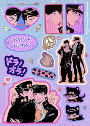  2boys animal_ears beni_(96beni_) character_name cigarette commentary diamond_wa_kudakenai english_commentary gakuran heart higashikata_josuke highres jojo_no_kimyou_na_bouken kujo_jotaro male_focus mixed-language_commentary multiple_boys one_eye_closed peace_symbol pompadour school_uniform uncle_and_nephew 
