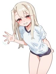  1girl arm_behind_back blonde_hair blue_buruma buruma commentary fate/stay_night fate_(series) feet_out_of_frame gym_uniform hair_between_eyes hand_up highres illyasviel_von_einzbern leaning_forward long_hair looking_at_viewer red_eyes shirt short_sleeves sidelocks simple_background smile solo standing untranslatable_commentary waving white_background white_shirt xxskreamlo87809 