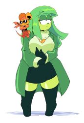  2girls adjusting_clothes adjusting_gloves animal_ears black_eyes black_gloves black_skirt black_thighhighs boxing_gloves breasts buckle coat colored_skin commentary crossed_arms deltarune english_commentary full_body genderswap genderswap_(otf) gloves green_(deltarune) green_coat green_hair green_skin headband heart heart-shaped_buckle heart_pendant highres large_breasts long_hair long_sleeves looking_at_viewer looking_to_the_side miniskirt mouse_ears mouse_girl mouse_tail multiple_girls open_clothes open_coat orange_(deltarune) orange_headband orange_pants orange_skin pants simple_background skirt snout sweater tail thigh-highs tommy_tornad0 turtleneck turtleneck_sweater utdr_(toby_fox) white_background white_sweater 