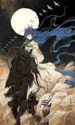  1girl arknights bird black_horse blue_eyes blue_hair blue_horns chinese_text dragon_girl dragon_horns dragon_tail eastern_dragon_horns eastern_dragon_tail eyeliner floating_hair full_moon high_braided_ponytail highres holding holding_reins horns horse horseback_riding ling_(a_gallant_dream)_(arknights) ling_(arknights) long_hair makeup mei_ren moon night pointy_ears red_eyeliner reeds reins riding robe serious tail white_robe wide_sleeves 