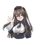  1girl absurdres ahoge arm_up as4gi azur_lane bangs beret breasts brown_hair dress earrings eyebrows_visible_through_hair glasses hat highres jewelry london_(azur_lane) long_hair looking_at_viewer medium_breasts open_mouth red_eyes smile solo_focus upper_body white_background 