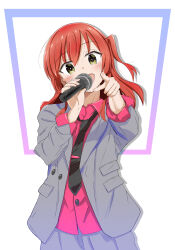  1girl absurdres black_necktie blazer blush bocchi_the_rock! collared_shirt commentary cowboy_shot grey_pants hair_between_eyes highres holding holding_microphone jacket kita_ikuyo long_hair looking_at_viewer microphone necktie one_side_up open_mouth pants pink_shirt pointing pointing_at_viewer red_hair shirt sim_evo simple_background singing solo sweat sweatdrop tie_clip yellow_eyes 