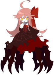  1girl ahoge bow bowtie brown_dress closed_mouth dot_nose dress fang fang_out fingernails flipped_bangs flipped_hair frilled_sleeves frills full_body funamusea funamusea_(artist) hair_ribbon long_fingernails long_hair long_sleeves monster_girl pink_hair rane_(funamusea) red_bow red_bowtie red_hair ribbon simple_background slit_pupils smile solo spider_web_print white_background yellow_eyes 