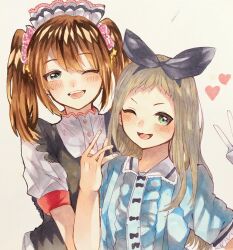  2boys :d absurdres bad_arm behind_another black_hairband blend_s blue_shirt brown_hair buttons center_frills collared_shirt commentary_request contrast_collar crossdressing crossdressing_(mtf) frills gesture_request gloves green_eyes hair_between_eyes hair_ornament hair_scrunchie hairband heart height_difference highres idolmaster idolmaster_side-m kanzaki_hideri long_hair looking_at_viewer marker_(medium) mizushima_saki multiple_boys multiple_traps one_eye_closed open_mouth pink_scrunchie scrunchie shirt short_sleeves sidelocks simple_background smile stile_uniform teeth to_roro traditional_media trap twintails upper_body v v-shaped_eyebrows white_background white_gloves 