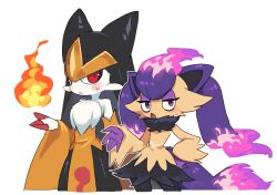  2others animal_ears black_fur blush body_fur chest_fur detached_sleeves eyelashes fiery_hair fire fireball flame-tipped_tail flame_print flaracle_(palworld) furry half-closed_eyes hand_on_own_hip looking_at_viewer majex_(palworld) multiple_others open_hand open_mouth pal_(creature) palworld porforever purple_fire purple_fur red_claws sweatdrop tail upper_body whiskers white_background white_fur 