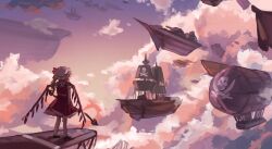  1girl absurdres aircraft airship blonde_hair clouds collared_shirt commentary_request crystal crystal_wings flandre_scarlet hat hat_ribbon highres holding holding_weapon jolly_roger laevatein_(touhou) mob_cap one_side_up red_skirt red_vest ribbon shirt skirt skirt_set solo touhou vanilla_flan vest weapon white_hat white_shirt wings 