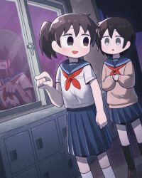  2girls :d :o black_hair black_socks blood blood_on_face blue_sailor_collar blue_skirt blush brown_hair brown_sweater commentary_request different_reflection dutch_angle empty_eyes grey_eyes hallway hand_up highres horror_(theme) indoors kneehighs locker long_sleeves looking_at_another multiple_girls neckerchief open_mouth original own_hands_together pleated_skirt pocket pointing pointing_at_another red_neckerchief reflection sailor_collar school school_uniform serafuku shaded_face shirt shoes short_hair short_sleeves skirt sky smile socks standing sweater takurada twintails white_shirt white_socks window 