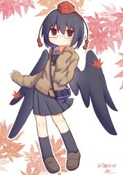  1girl alternate_costume autumn_leaves azp_29 bespectacled bird_wings black_hair black_skirt black_socks black_wings brown_cardigan brown_shoes camera cardigan chinese_commentary commentary_request dated falling_leaves full_body glasses hat highres leaf loafers long_sleeves looking_at_viewer maple_leaf medium_hair pleated_skirt red_eyes red_hat school_uniform semi-rimless_eyewear shameimaru_aya shoes signature skirt socks solo tokin_hat touhou under-rim_eyewear wings 