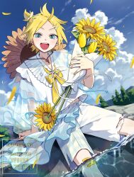  1boy :d artist_name bandaid bandaid_on_knee bandaid_on_leg blonde_hair blue_eyes blue_sky blush bouquet clouds commentary_request ctd_114 day feet_out_of_frame flower highres holding holding_bouquet kagamine_len looking_at_viewer magical_mirai_(vocaloid) magical_mirai_len magical_mirai_len_(2026) open_mouth outdoors parted_bangs plaid_clothes plaid_shorts shirt short_hair short_sleeves shorts sky smile solo sunflower teeth upper_teeth_only vocaloid water watermark white_shirt white_shorts yellow_flower 