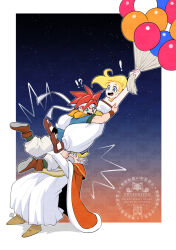  !? 1girl 2boys arms_around_another's_back balloon blonde_hair blue_eyes blue_tunic boots border breasts brown_boots chrono_trigger cloak commentary_request crono_(chrono_trigger) crown facial_hair full_body fur-trimmed_cloak fur_trim gold_necklace grey_hair headband highres holding holding_balloon jewelry king king_guardia_xxxiii long_hair marle_(chrono_trigger) medium_breasts multiple_boys mustache neck_ring neckerchief necklace open_mouth ponytail red_cloak red_hair robe romper sandals shikiwo short_hair spiky_hair tunic white_border white_headband white_robe white_romper yellow_neckerchief 