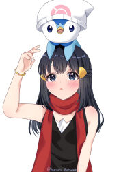  1girl arm_up black_hair black_shirt blush bracelet commentary_request grey_eyes hair_ornament hairclip hat highres hikari_(pokemon) jewelry kurumi_iroha168 long_hair on_head open_mouth piplup pokemon pokemon_(creature) pokemon_diamond/pearl/platinum pokemon_on_head red_scarf scarf shirt sidelocks simple_background sleeveless sleeveless_shirt twitter_username upper_body watermark white_background 